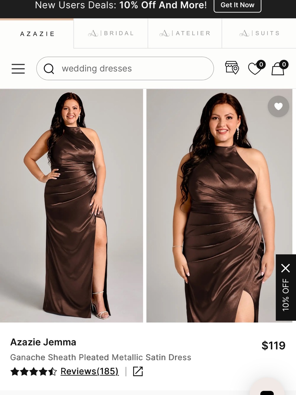 Azazie Jemma Metallic Satin Sheath Dress in Ganache Brown